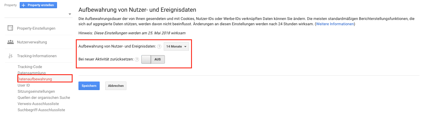 Aufbewahrung der Daten